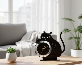 パーソナライズされた猫の置時計メタルサイン、テーブル装飾用のカスタム動物デスククロック、猫好きへのギフト、オフィス装飾用の卓上時計