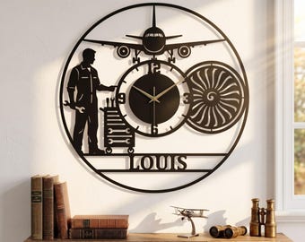 Aircraft Mechanic Metal Wall Clock, Aviation Wall Decor, Airplane Clock Art
