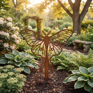 Può includere: Un picchetto da giardino in metallo color ruggine a forma di falena, con grandi ali intricate caratterizzate da motivi traforati e sezioni inferiori allungate. La falena presenta due antenne piumate ed è montata su un supporto verticale.