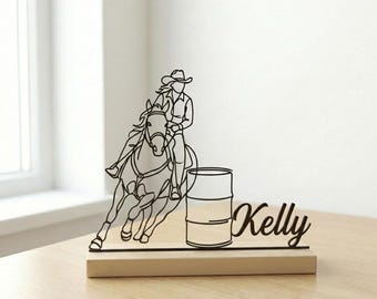 Decoración de mesa de carreras de barriles hecha a mano, letrero metálico personalizado para niña, accesorio de escritorio de jinete, regalo de vaquera personalizado, adorno de decoración del oeste.