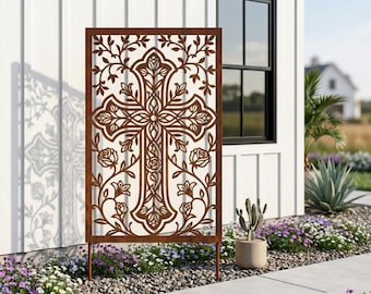 Pantalla de jardín con cruz floral - Panel decorativo de privacidad para exteriores, arte de jardín con cruz floral, decoración religiosa de pared, inserto de cerca de enredaderas