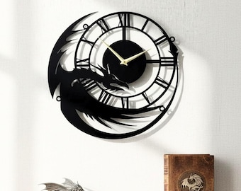 Custom Dragon Metal Wall Clock, Fantasy Wall Decor, Gothic Home Clock, Mythical Dragon Art, Gamer Gift
