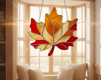 Attrape-soleil en vitrail feuille d'érable fait main, tenture de fenêtre automne automne, cadeau de décoration en verre fait main feuille d'érable