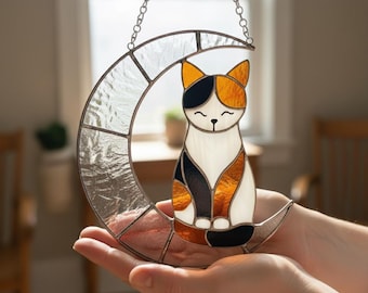 Calico Cat on Moon Stained Glass Suncatcher, Cat Window Hanging, Cat Memorial Gift, Pet Handmade Gift