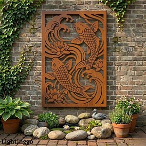 May include: A rectangular, rust-colored metal wall art piece featuring a koi fish design with water waves and lotus flowers. The artwork is mounted on a brick wall, surrounded by greenery and potted plants, creating a serene outdoor scene.