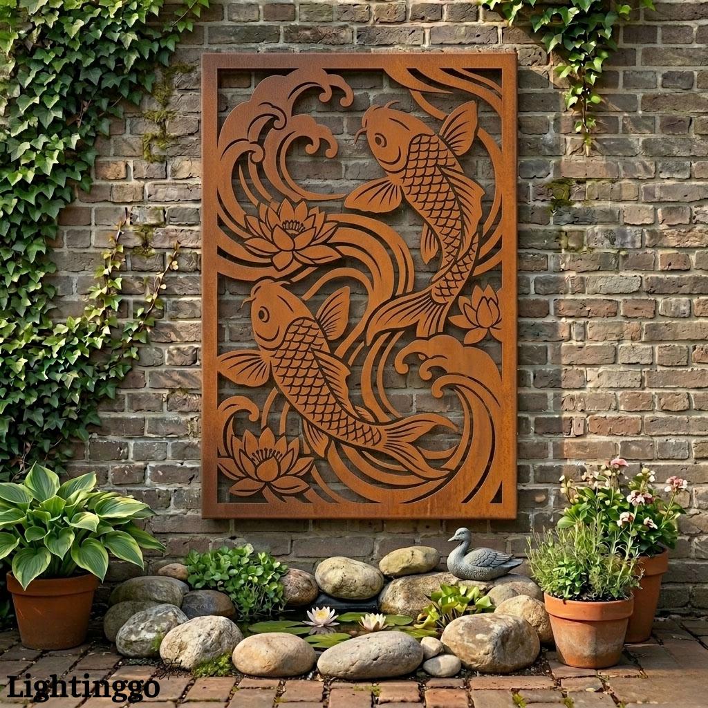 Koi Fish Metal Garden Panel, Japanese Pond Decor, Rusty Privacy