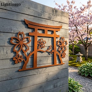 Torii Gate Metal Wall Art, Japan Sakura Decor, Zen Garden Metal Sign, Outdoor Rusty Cherry Blossom Decor
