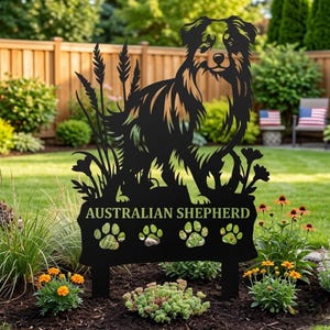Trädgårdsstång med australisk herde, anpassad hundrasnamnskylt, utomhusdekoration för australisk hundälskare