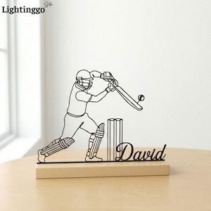 Personalized Cricket Player Metal Desk Decor, Custom Name Cricket Table Art, Wooden Base Sport Ornament, Cricket Fan Coach Gift