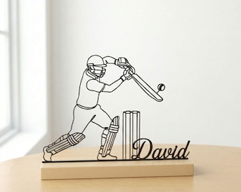 Personalized Cricket Player Metal Desk Decor, Custom Name Cricket Table Art, Wooden Base Sport Ornament, Cricket Fan Coach Gift
