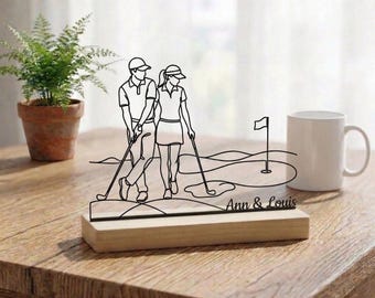 Personalized Golf Couple Metal Table Decor, Custom Name Golf Lover Gift, Couple Playing Golf Sculpture, Anniversary Gift