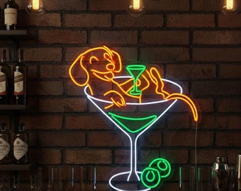 Dachshund Martini Neon Sign, Bar LED Light, Cocktail Neon Decor, Dachshund Neon Wall Art