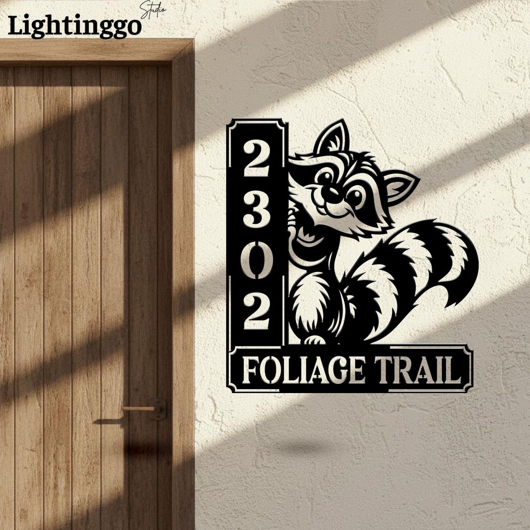 Raccoon House Number Sign, Animal Metal Address Plaque, Outdoor Wall ...
