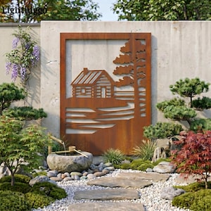 Log Cabin Metal Garden Panel, Lake House Decor, Mountain Wilderness Yard Art
