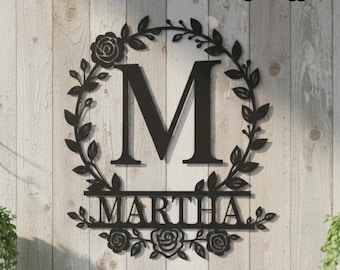 Monogramma in metallo personalizzato, insegna monogramma con lettera divisa, insegna con nome personalizzato, arte murale in metallo rustico, regalo di inaugurazione della casa, decorazione della stanza