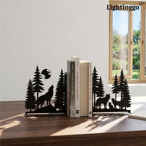 Custom Wolf Metal Bookends, Wolf Book Stopper Sign, Forest Pine Bookshelf Art Decor