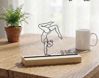 Escultura de escritorio de gimnasia personalizada, arte de gimnasta haciendo el pino cortado con láser en metal, placa con nombre personalizada, regalo para gimnastas
