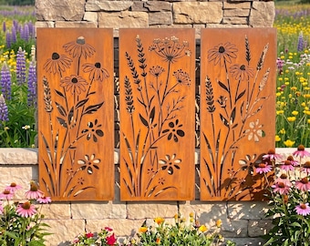 May include: Three rectangular metal panels with a rusted finish, each featuring laser-cut designs of wildflowers, including daisies, lavender, and tall grasses. The panels are arranged side-by-side, displaying intricate botanical silhouettes.