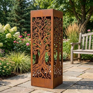 Tree of Life Metal Garden Column, Weathering Steel Bollard Light, Landscape Art, Yard Decor