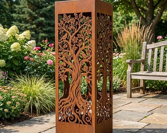 Tree of Life Metal Garden Column, Weathering Steel Bollard Light, Landscape Art, Yard Decor