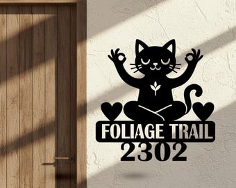 Cat House Number Sign, Zen Cat Metal Address Plaque, Outdoor Wall Art, Modern Home Decor, Cute Address Sign