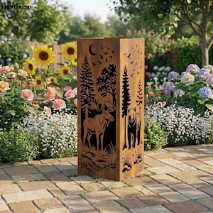 Columna de jardín personalizada con diseño de bosque de alces y osos, letrero oxidado para jardín, letrero personalizado para amantes de la naturaleza, decoración de jardín