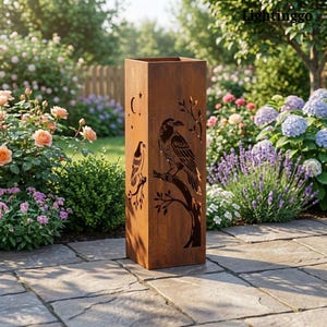May include: A tall, rectangular, weathered metal planter with cut-out raven and branch designs. The planter features a crescent moon and star design. The planter is in a garden setting with flowers and greenery.