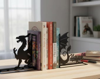 Personalized Dragon Metal Bookends | Fantasy Decor for Readers, Dragon Lover Gifts, Unique Dragon Book Holder