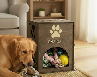 Graverad trälåda för hundar – Förvaring med eget namn för husdjur – Perfekt present till hundälskare, personliga hundpresenter