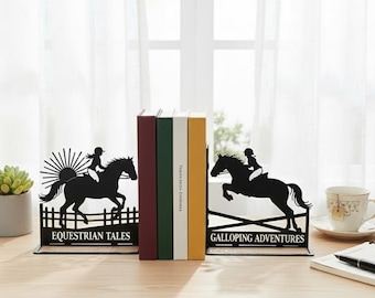 Sujetalibros de metal ecuestre personalizado, sujetalibros de equitación personalizado, regalo para amantes de los caballos, decoración de librerías, decoración de salas de lectura
