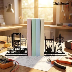 May include: A pair of black metal bookends featuring electrical engineering designs. One side displays a protection relay diagram with the text PROTECTION ENGINEER, while the other side shows a high-voltage transformer and transmission tower.