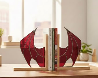 Handmade Stained Glass Dragon Wing Bookends – Gothic Bookshelf Decor, Dragon Wing Glass Book Holder Gift