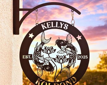 Letrero colgante de estanque koi, letrero metálico personalizado de pez koi, decoración de estanque de jardín, letrero de koi, letrero personalizado para estanque de exterior