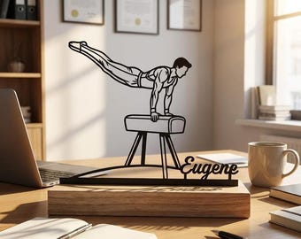 Placa de mesa com nome de ginasta de cavalo com alças, decoração de mesa de metal para ginástica masculina, presente personalizado para atleta, presente para o pai