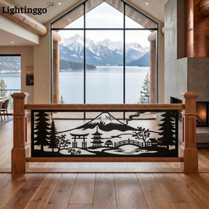 Japan Pagoda Metal Railings, Fuji Mountain Panel, Oriental Garden Decor, Temple Stair Insert