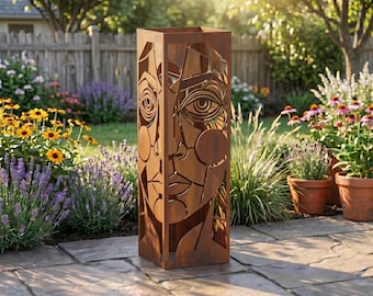 May include: A tall, rectangular, weathered metal sculpture with a cut-out face design. The sculpture features a stylized human face with large eyes, a nose, and a mouth. The sculpture is in a garden setting with flowers and greenery. The text "Lightinggo" is in the upper right corner.