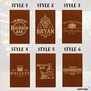 Op de afbeelding: Zes houten borden voor bars met verschillende ontwerpen. Stijl 1 zegt "James's Bourbon Bar". Stijl 2 zegt "Bryan". Stijl 3 zegt "The William's Bourbon Bar". Stijl 4 zegt "Whiskey". Stijl 5 zegt "Bryan's Bar". Stijl 6 zegt "Thomson's Bourbon Bar".