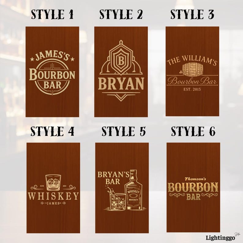 Op de afbeelding: Zes houten borden voor bars met verschillende ontwerpen. Stijl 1 zegt "James's Bourbon Bar". Stijl 2 zegt "Bryan". Stijl 3 zegt "The William's Bourbon Bar". Stijl 4 zegt "Whiskey". Stijl 5 zegt "Bryan's Bar". Stijl 6 zegt "Thomson's Bourbon Bar".