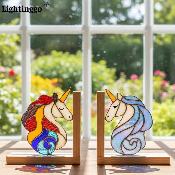 Unicorn Stained Glass Bookends, Handmade Fantasy Book Ends, Personalized Custom Magical Gift for Kids & Adults