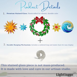 May include: Image showcasing stained glass art pieces, including a sun, star, wreath, flower, and wave design. The text reads "Product Details" and highlights the premium quality and durable hanging mechanism. The text also states that the stained glass piece is not mass-produced.