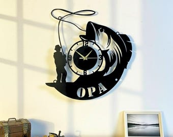 Reloj de pared de metal con diseño de pescador, regalo para papá y abuelo, decoración de cueva de hombre.