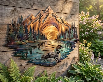 Op de afbeelding: Een metalen wanddecoratie met een bergketen, een dennenbos, een grote zon en een duiker die op het water zwemt. Het ontwerp maakt gebruik van een verloop van koper-, brons- en blauwgroene tinten, wat zorgt voor een reflecterende afwerking.