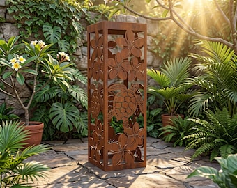 May include: A tall, rectangular, rust-coloured metal garden lantern featuring intricate laser-cut designs of sea turtles and plumeria flowers on all four sides. The structure is open-framed, allowing light to pass through the cutouts.