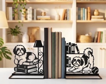 Custom Shih Tzu Dog Metal Bookends, Book Stopper Sign, Canine Pet Bookshelf Art Decor