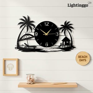 May include: Black beach-themed wall clock with gold hands and numbers. The clock features palm trees, a beach umbrella, and a small beach house silhouette. The words "Lightinggo" and "Beach Days" are also visible.