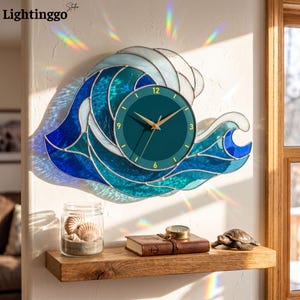 Ocean Wave Stained Glass Wall Clock, Beach House Decor, Nature Lover Gift, Blue Wall Clock