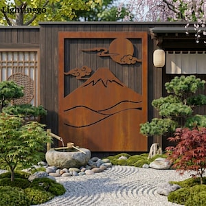 May include: A Japanese garden scene with a rusty metal wall art showing Mount Fuji, clouds, and a sun. The garden features a stone water basin, gravel paths, and diverse plants, creating a tranquil outdoor space.