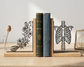 Fermalibri in legno personalizzato a forma di scheletro con gabbia toracica, decorazione gotica, regalo artistico a tema anatomico.