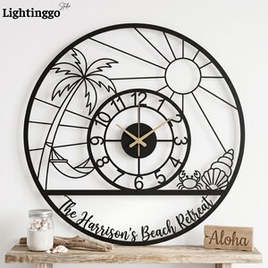 Personalized Tropical Beach Metal Wall Clock, Coastal Ocean Decor, Palm Tree Sign