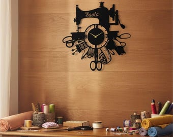 Personalized Sewing Machine Metal Clock, Custom Sewing Wall Clock Metal Sign, Tailor Shop Wall Decor, Gift For Her or Tailor Lover